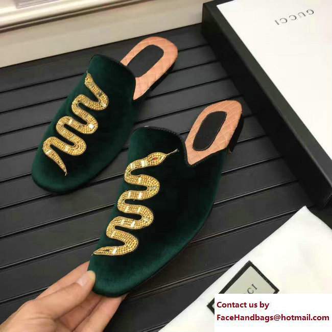 Gucci Velvet Crystal Embroidered Snake Evening Men's Slippers 464340 Green 2017 - Click Image to Close