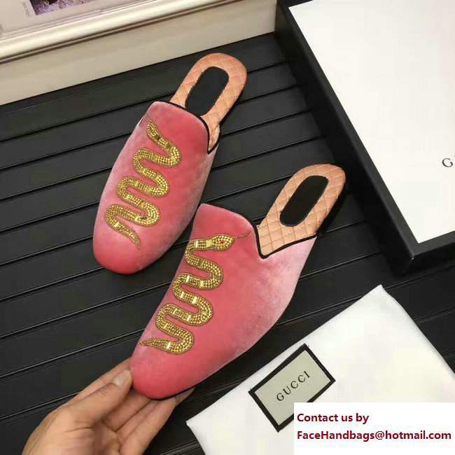 Gucci Velvet Crystal Embroidered Snake Evening Men's Slippers 464341 Rose 2017 - Click Image to Close