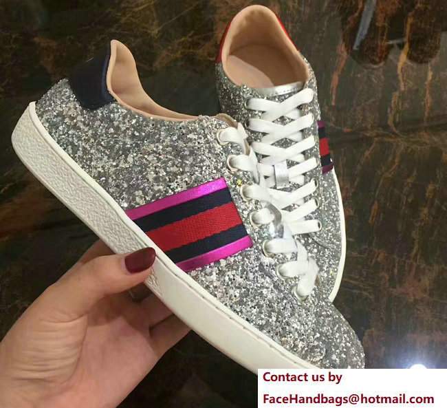 Gucci Web Ace Glitter Sneakers 475213 Silver 2017 - Click Image to Close