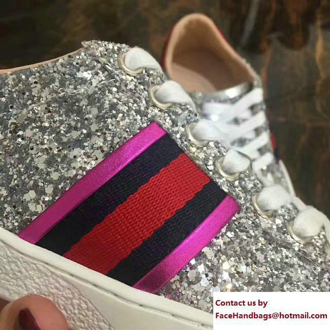 Gucci Web Ace Glitter Sneakers 475213 Silver 2017 - Click Image to Close