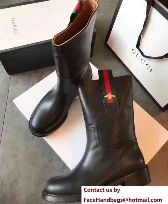 Gucci Web Bee Leather Ankle Boots 450629 Black 2017