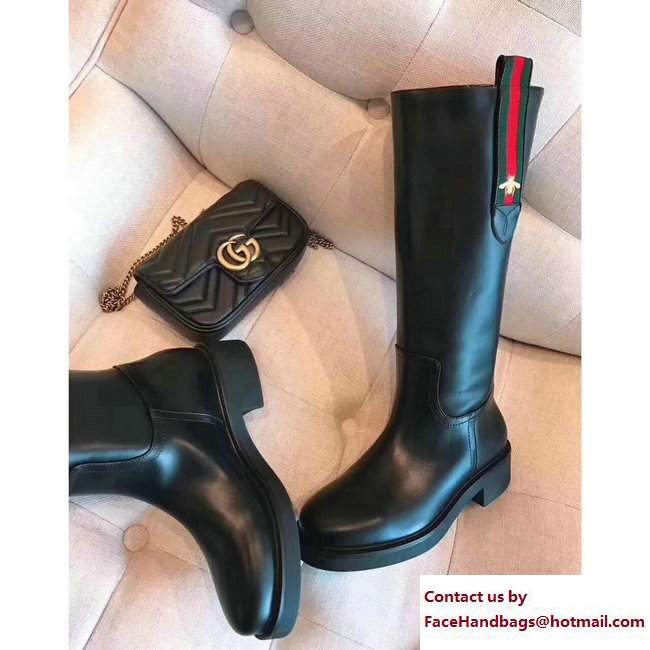 Gucci Web Bee Leather Knee Boots Black 2017 - Click Image to Close