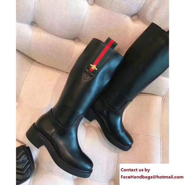 Gucci Web Bee Leather Knee Boots Black 2017