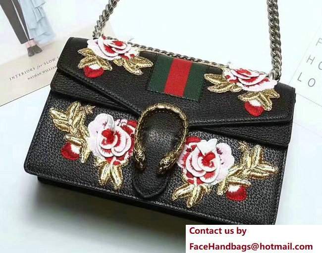 Gucci Web Embroidered Floral Dionysus Leather Shoulder Small Bag 400249 Black 2017 - Click Image to Close