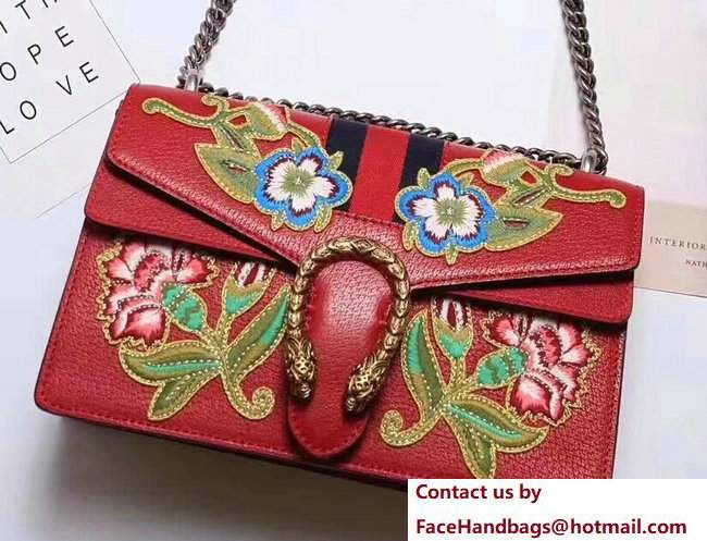 Gucci Web Embroidered Floral Dionysus Leather Shoulder Small Bag 400249 Red 2017 - Click Image to Close