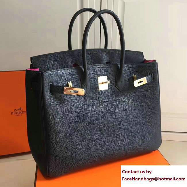 Hermes Clemence Leather Birkin 25/30/35cm Bag Black/Fuchsia with Gold Hardware - Click Image to Close
