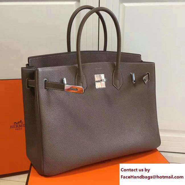 Hermes Clemence Leather Birkin 25/30/35cm Bag Etoupe with Silver Hardware - Click Image to Close