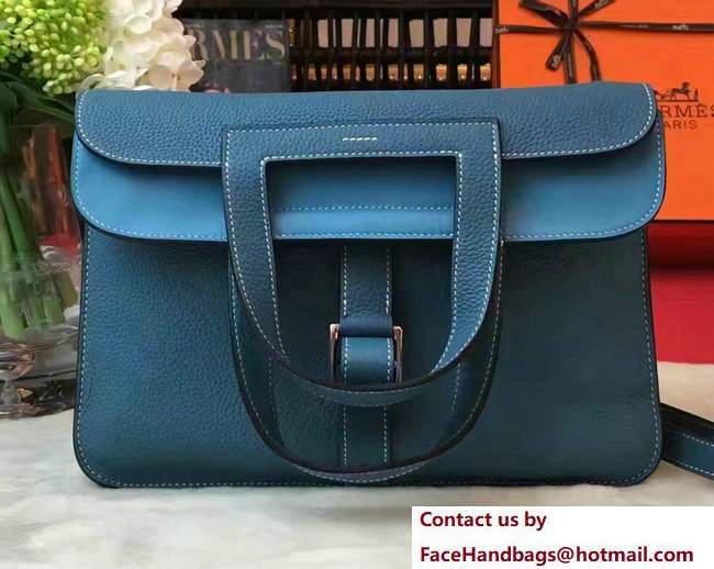 Hermes Halzan Tote Bag in Original Togo Leather Galicia Blue - Click Image to Close