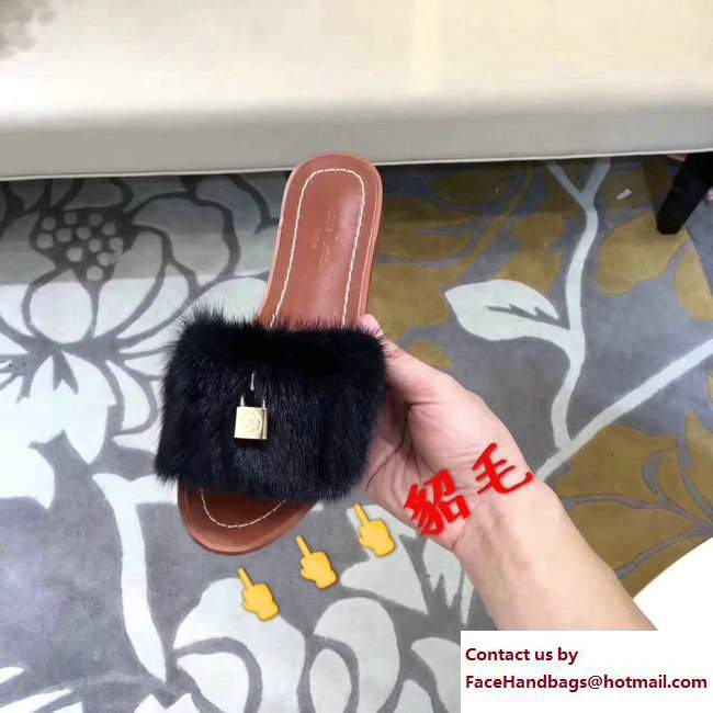 Louis Vuitton Mink Fur Lock It Slipper Sandals Mules Black 2017 - Click Image to Close