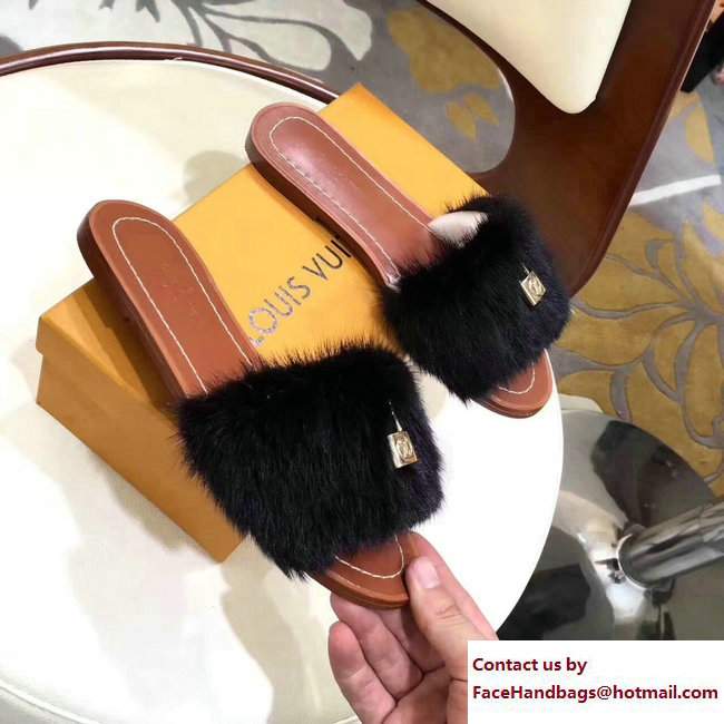 Louis Vuitton Mink Fur Lock It Slipper Sandals Mules Black 2017 - Click Image to Close
