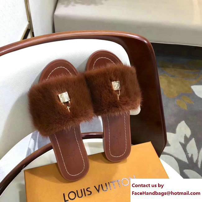 Louis Vuitton Mink Fur Lock It Slipper Sandals Mules Brown 2017