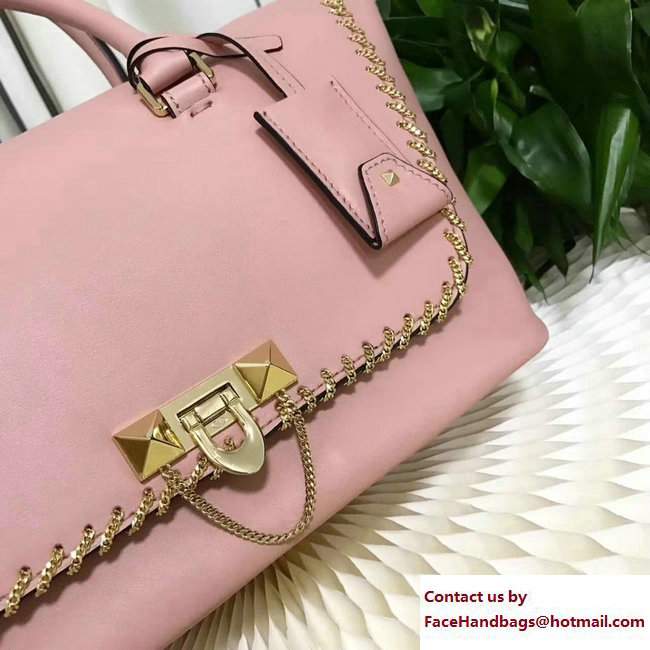 Valentino Inserted Chain Whipstitch Demilune Double Handle Bag Pink 2017 - Click Image to Close