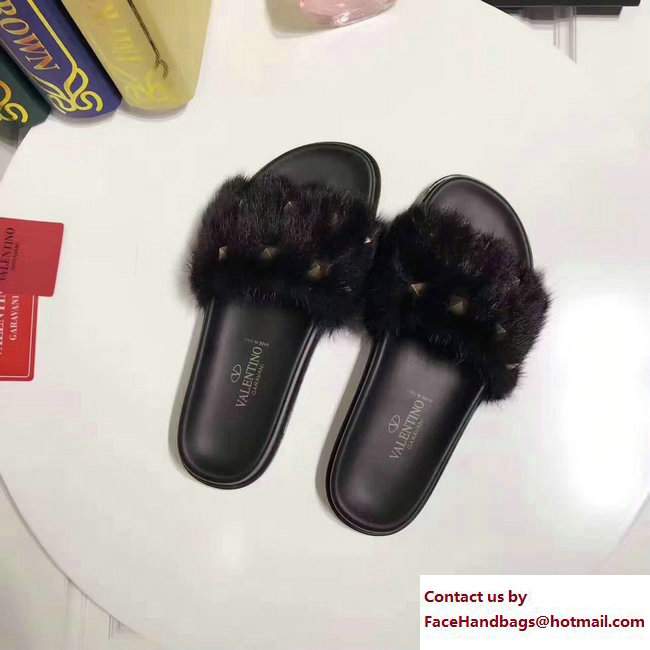 Valentino Mink Fur Macro Studs Flat Slide Sandals Black 2017