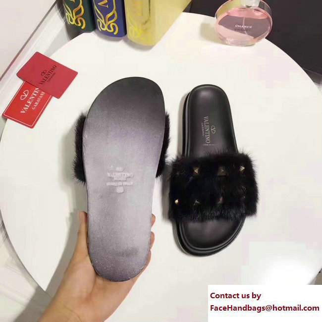 Valentino Mink Fur Macro Studs Flat Slide Sandals Black 2017 - Click Image to Close