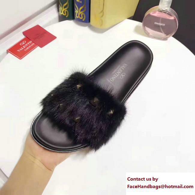 Valentino Mink Fur Macro Studs Flat Slide Sandals Black 2017