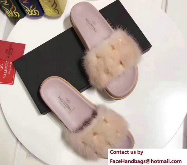 Valentino Mink Fur Macro Studs Flat Slide Sandals Black Nude Pink 2017