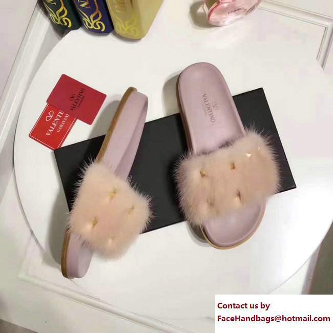 Valentino Mink Fur Macro Studs Flat Slide Sandals Black Nude Pink 2017