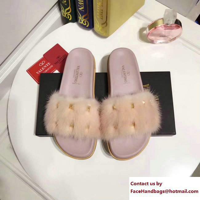 Valentino Mink Fur Macro Studs Flat Slide Sandals Black Nude Pink 2017 - Click Image to Close
