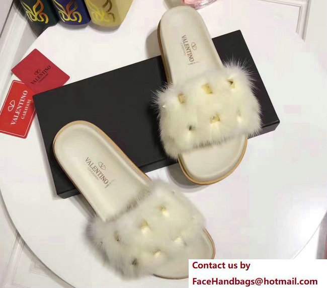 Valentino Mink Fur Macro Studs Flat Slide Sandals Creamy 2017 - Click Image to Close