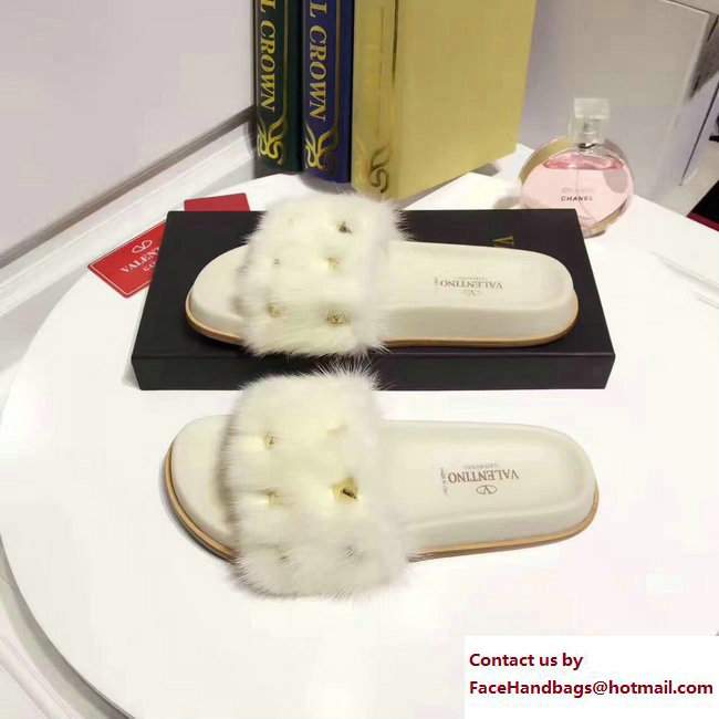 Valentino Mink Fur Macro Studs Flat Slide Sandals Creamy 2017 - Click Image to Close