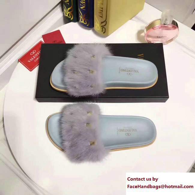 Valentino Mink Fur Macro Studs Flat Slide Sandals Gray 2017 - Click Image to Close