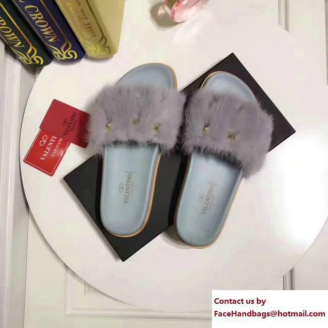 Valentino Mink Fur Macro Studs Flat Slide Sandals Gray 2017