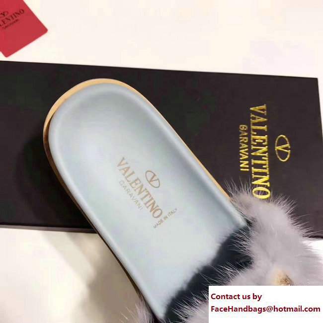 Valentino Mink Fur Macro Studs Flat Slide Sandals Gray 2017