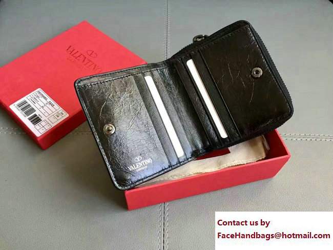 Valentino Rockstud Spike Compact Wallet Crinkled Black