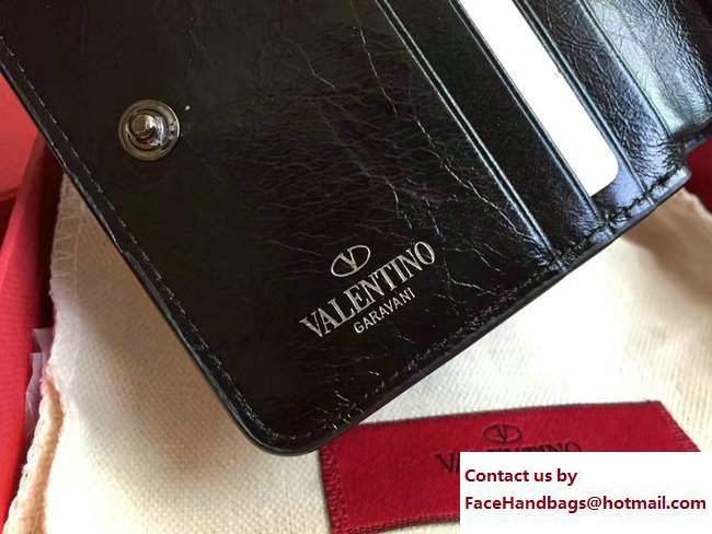Valentino Rockstud Spike Compact Wallet Crinkled Black
