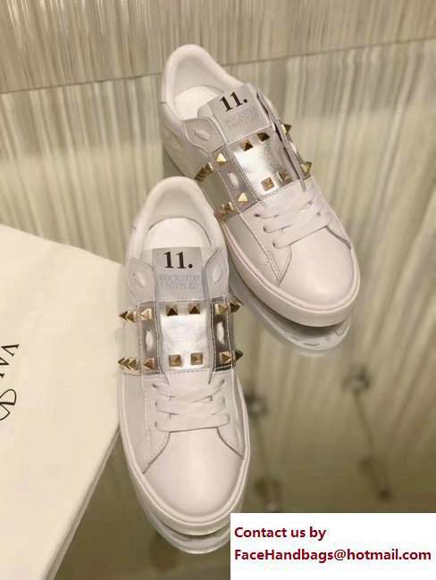 Valentino Rockstud Untitled Lovers Sneakers White/Silver 2017 - Click Image to Close