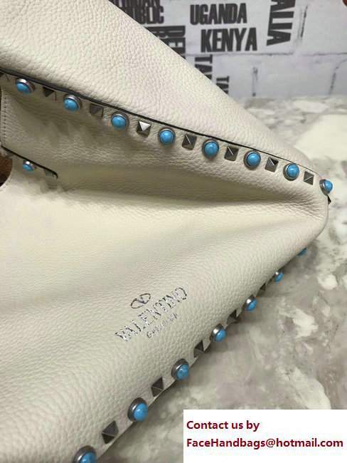 Valentino Silver/Turquoise Rockstud Rolling Double Reversible Medium Tote Bag Off White/Brown