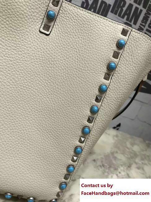 Valentino Silver/Turquoise Rockstud Rolling Double Reversible Medium Tote Bag Off White/Brown - Click Image to Close
