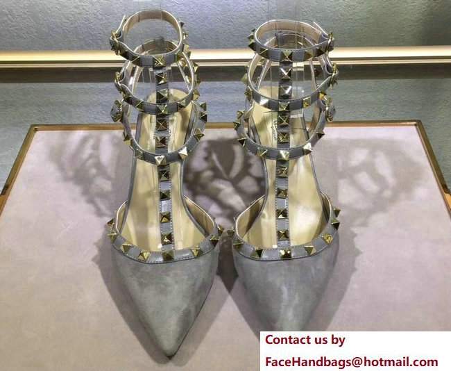 Valentino Suede Heel 6.5cm Rockstud Ankle Strap Pumps Gray 2017