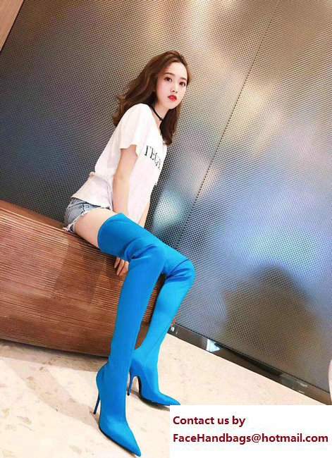 Balenciaga Heel 10cm Height 70cm Extreme Pointed Toe Spandex Knife High Boots Blue 2017 - Click Image to Close