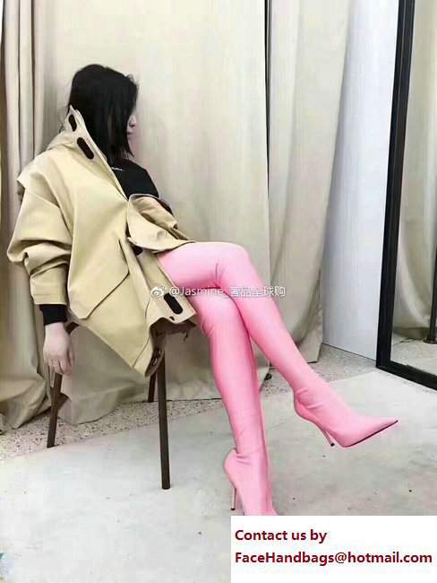 Balenciaga Heel 10cm Height 70cm Extreme Pointed Toe Spandex Knife High Boots Pink 2017