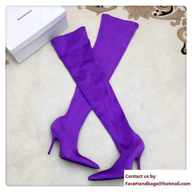 Balenciaga Heel 10cm Height 70cm Extreme Pointed Toe Spandex Knife High Boots Purple 2017