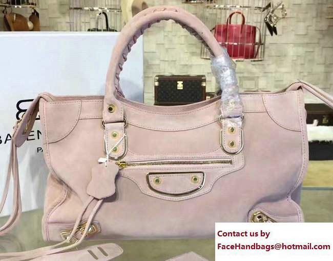 Balenciaga Suede Classic Gold Medium City Bag Light Pink - Click Image to Close