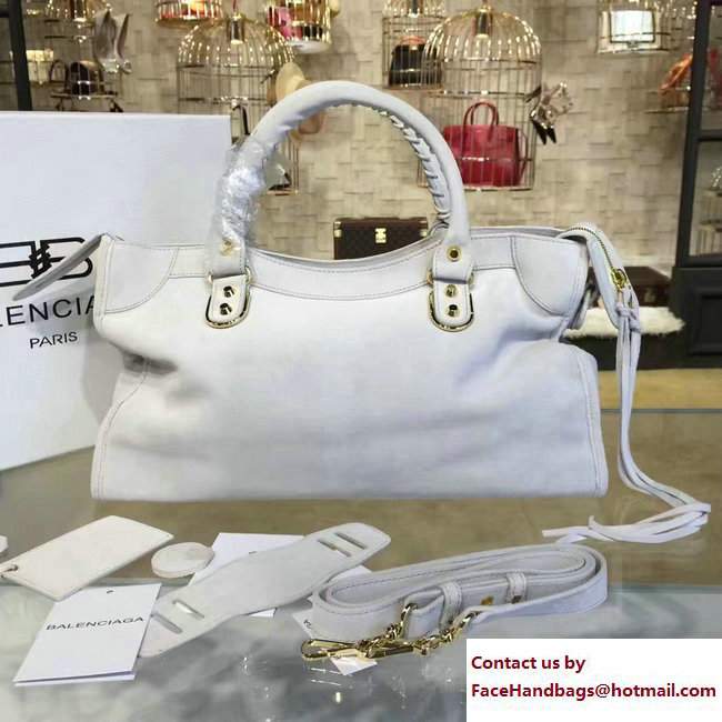 Balenciaga Suede Classic Gold Medium City Bag White