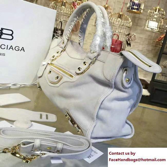 Balenciaga Suede Classic Gold Medium City Bag White - Click Image to Close