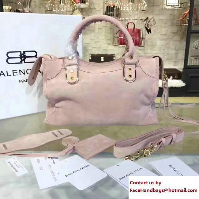 Balenciaga Suede Classic Gold Small City Bag Light Pink