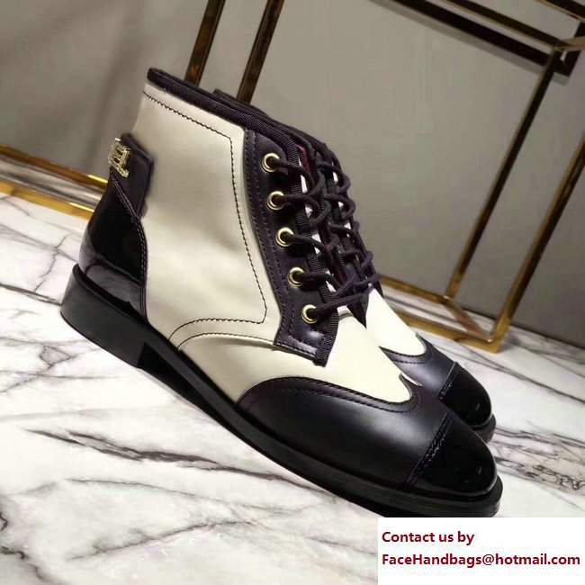 Chanel Calfskin/Patent Logo Lace-ups Shoes G33266 White/Black 2017 - Click Image to Close
