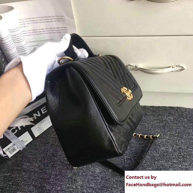 Chanel Chevron Calfskin Flap Bag with Top Handle A57213 Black 2017 - Click Image to Close