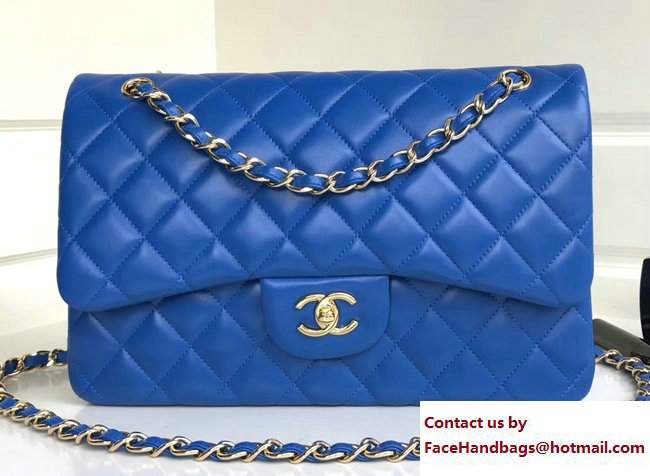 Chanel Classic Flap Jumbo/Large Bag A1113 Blue in Sheepskin Leather with Gold Hardware