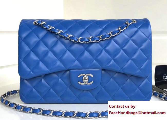 Chanel Classic Flap Jumbo/Large Bag A1113 Blue in Sheepskin Leather with Silver Hardware
