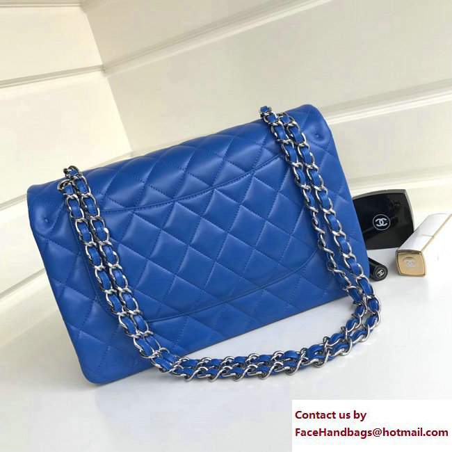 Chanel Classic Flap Jumbo/Large Bag A1113 Blue in Sheepskin Leather with Silver Hardware - Click Image to Close