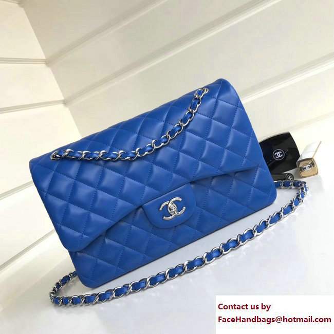 Chanel Classic Flap Jumbo/Large Bag A1113 Blue in Sheepskin Leather with Silver Hardware - Click Image to Close