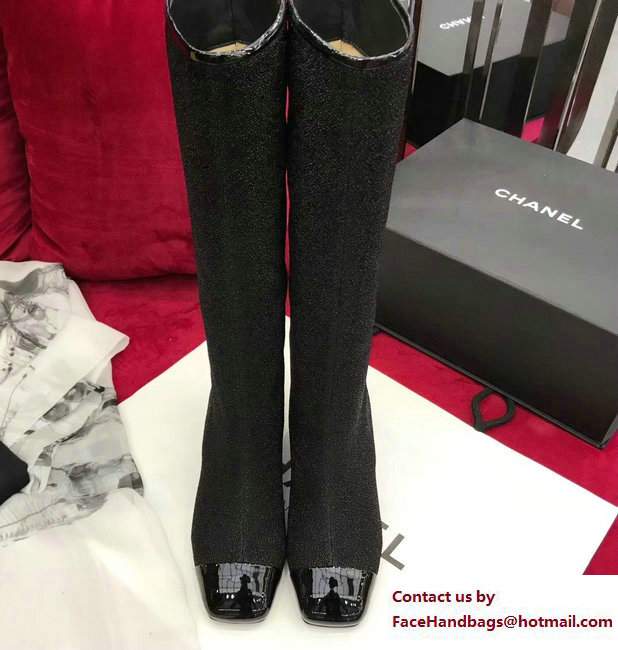 Chanel Glittered Fabric and Patent Calfskin High Boots G33220 Black 2017
