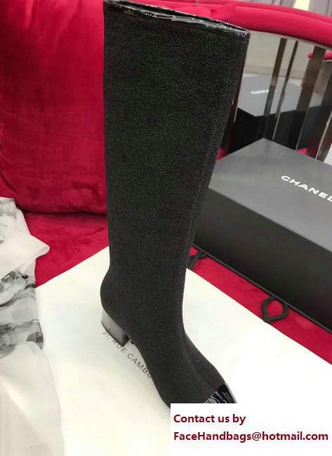 Chanel Glittered Fabric and Patent Calfskin High Boots G33220 Black 2017 - Click Image to Close