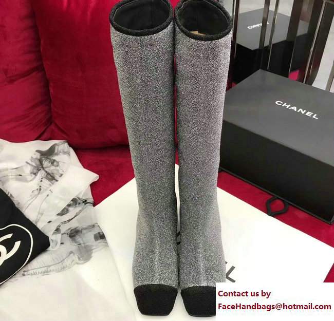 Chanel Glittered Fabric and Patent Calfskin High Boots G33220 Black/Gray2017 - Click Image to Close
