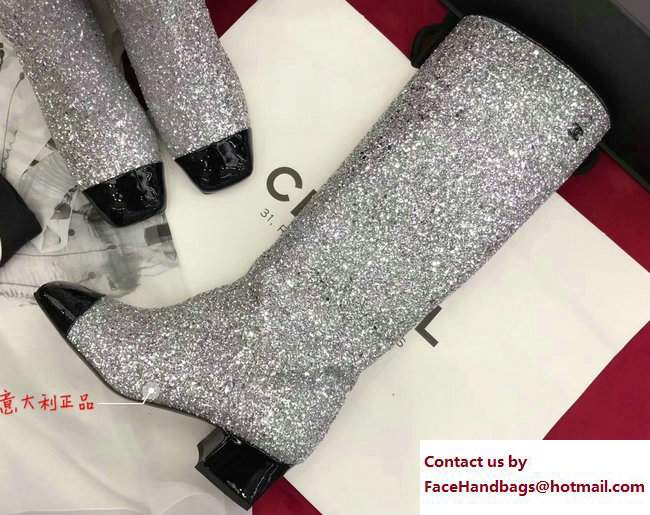 Chanel Glittered Fabric and Patent Calfskin High Boots G33220 Black/Silver 2017